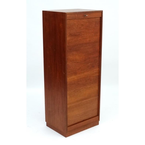 126 - Vintage Retro : a Danish Teak tambour front cabinet opening to reveal 3 open sections , 20'' wide x ... 