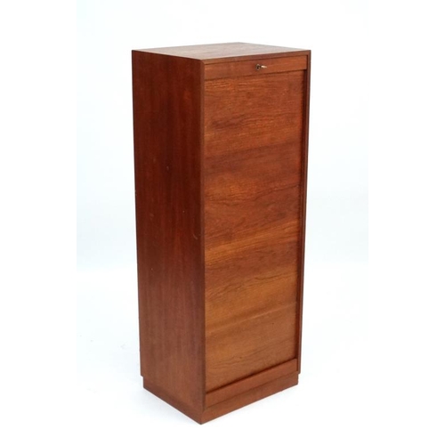 126 - Vintage Retro : a Danish Teak tambour front cabinet opening to reveal 3 open sections , 20'' wide x ... 