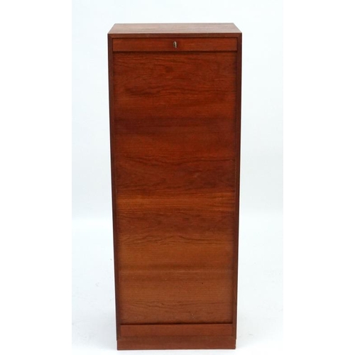 126 - Vintage Retro : a Danish Teak tambour front cabinet opening to reveal 3 open sections , 20'' wide x ... 