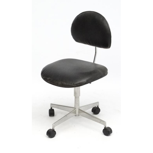 129 - Vintage Industrial :   A Danish Labofa black leather swivel chair with 4 spoke aluminium cast base .... 