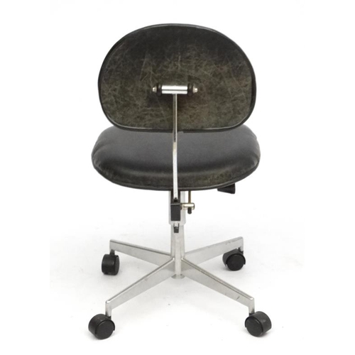 129 - Vintage Industrial :   A Danish Labofa black leather swivel chair with 4 spoke aluminium cast base .... 