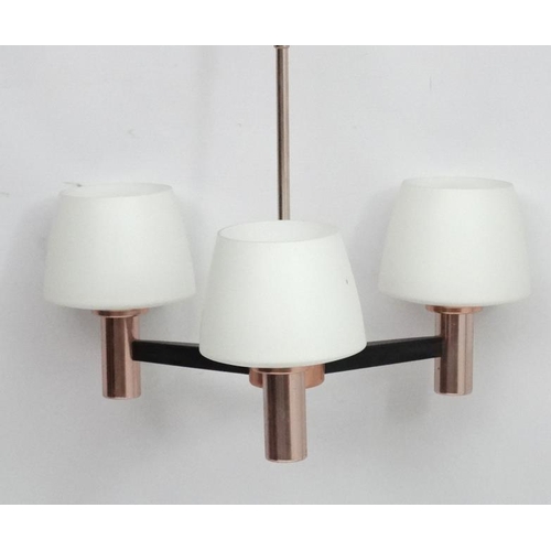 136 - Vintage Retro : a 1960's three branch pendant light fitting  with white frosted glass shades, each a... 