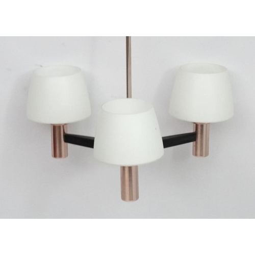 136 - Vintage Retro : a 1960's three branch pendant light fitting  with white frosted glass shades, each a... 