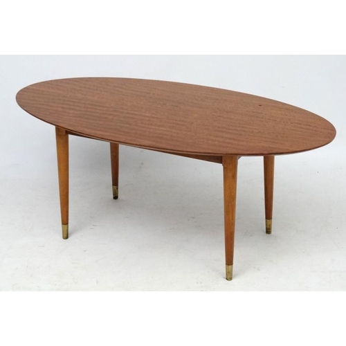 141 - Vintage Retro / Art Deco : a 1950's oval Tiger Maple Occasional / Coffee table on four turned taperi... 