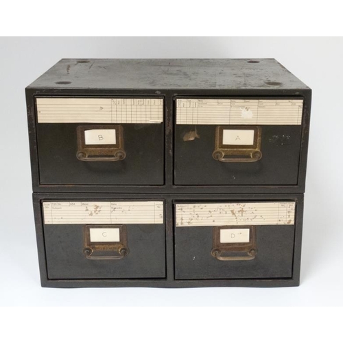 144 - Vintage Industrial : a four drawer combined card filing cabinet , with dark green livery ' 18 1/4 x ... 