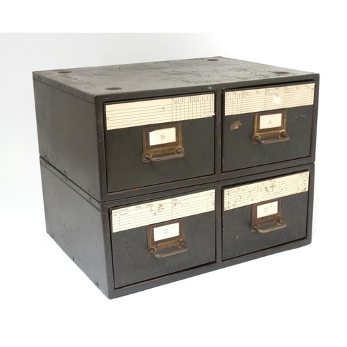 144 - Vintage Industrial : a four drawer combined card filing cabinet , with dark green livery ' 18 1/4 x ... 