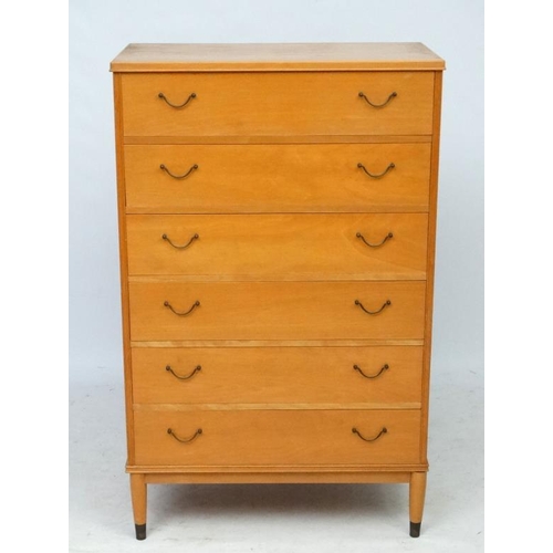 147 - Vintage Retro : a blonde beech tall and useful 6 drawer chest of drawers standing on turned legs, 29... 