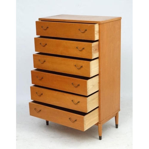 147 - Vintage Retro : a blonde beech tall and useful 6 drawer chest of drawers standing on turned legs, 29... 