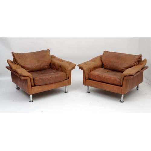 154 - Vintage Retro :a pair Pair of Swedish ' Dux ' tan leather (button back arms and seat) armchairs stan... 