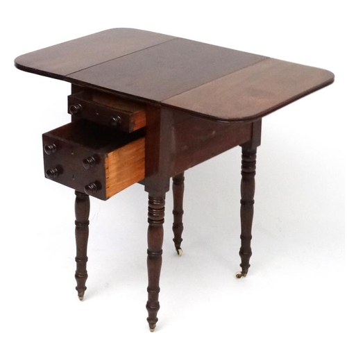 158 - A late Regency mahogany ladies work table with drop flap top 20'' deep x 32'' extended x 28 1/2'' hi... 