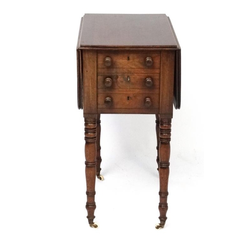 158 - A late Regency mahogany ladies work table with drop flap top 20'' deep x 32'' extended x 28 1/2'' hi... 