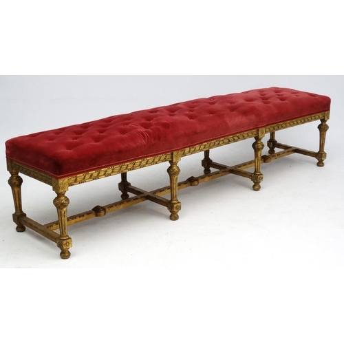 170 - A Victorian gilt wood button back long stool with red velvet upholstered top approx 77 1/2'' long x ... 