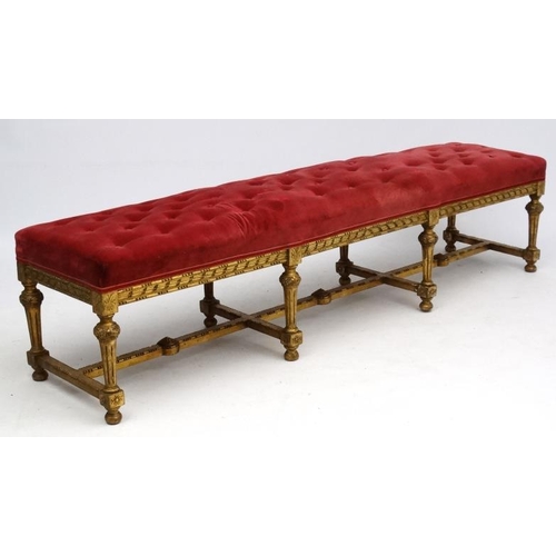 170 - A Victorian gilt wood button back long stool with red velvet upholstered top approx 77 1/2'' long x ... 