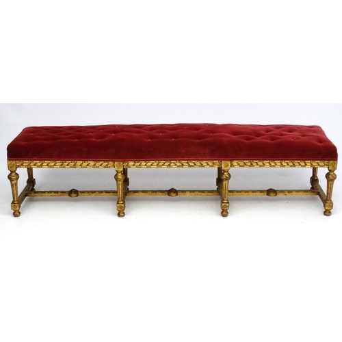 170 - A Victorian gilt wood button back long stool with red velvet upholstered top approx 77 1/2'' long x ... 