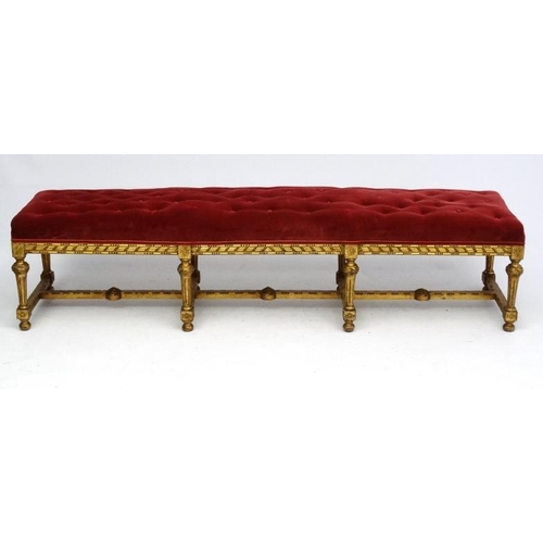 170 - A Victorian gilt wood button back long stool with red velvet upholstered top approx 77 1/2'' long x ... 