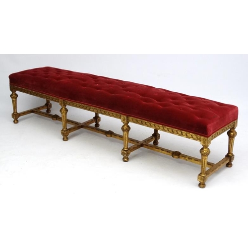 170 - A Victorian gilt wood button back long stool with red velvet upholstered top approx 77 1/2'' long x ... 