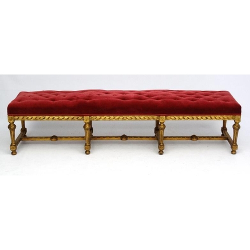 170 - A Victorian gilt wood button back long stool with red velvet upholstered top approx 77 1/2'' long x ... 