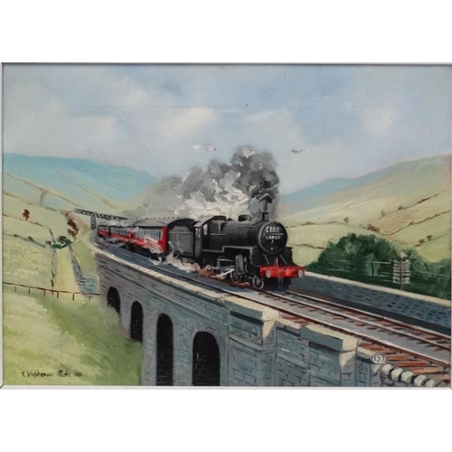 18 - C.Stephenson-Mole 1988, Oil on canvas, Railway scene. C188 crossing a viaduct, Signed and dated lowe... 