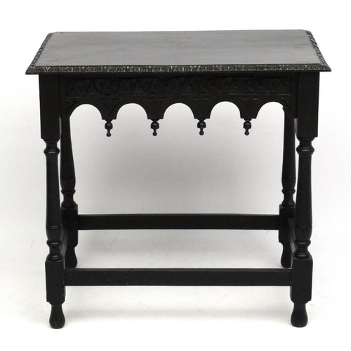 184 - A late Victorian Neo Gothic ebonised table  13 1/2'' wide x 20 1/2'' deep x 28 1/2'' high