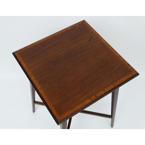 196 - An Edwardian mahogany satinwood cross banded square topped occasional table 16''sq.