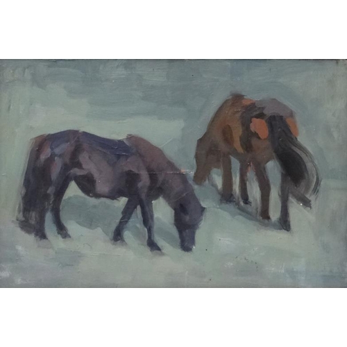 20 - Manner/ Follower of Sir Alfred Munnings PRA ,  Oil sketch on board,  Horses grazing, 8 1/2 x 12 5/8'... 