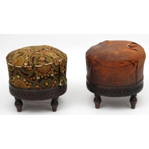 204 - A pair of Victorian sprung seated circular four footed stools 16 1/2'' high x 18 1/2'' diameter