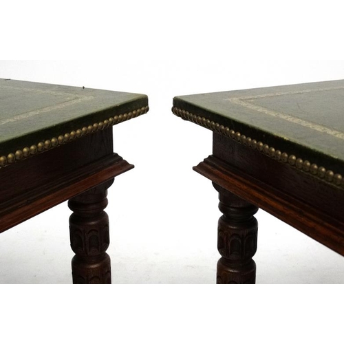 210 - A pair of late 20thC gold tooled green leather topped lamp tables with under tier shelf. 24'' square... 