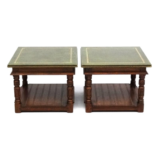 210 - A pair of late 20thC gold tooled green leather topped lamp tables with under tier shelf. 24'' square... 