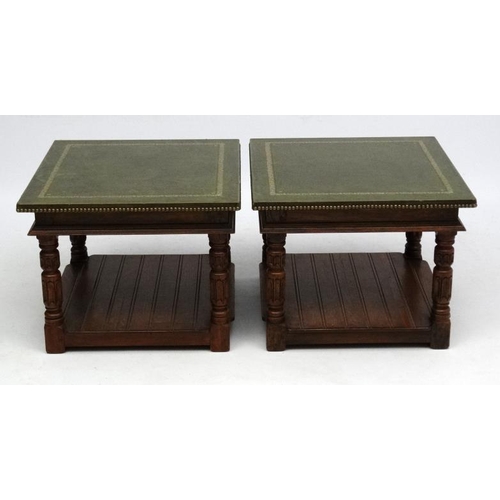 210 - A pair of late 20thC gold tooled green leather topped lamp tables with under tier shelf. 24'' square... 