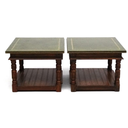 210 - A pair of late 20thC gold tooled green leather topped lamp tables with under tier shelf. 24'' square... 