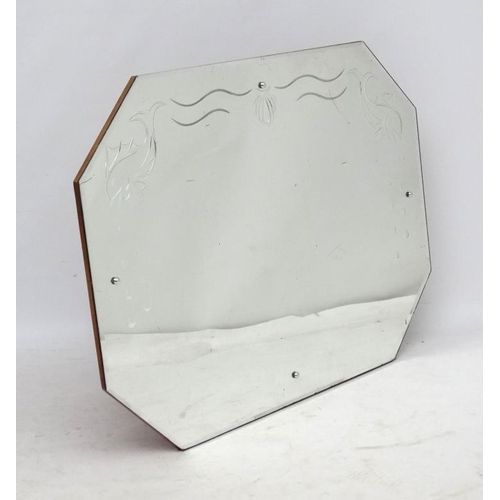 211 - Art Deco : an octagonal bevel edged mirror with reverse engraving , measuring 25 3/4 x 36''