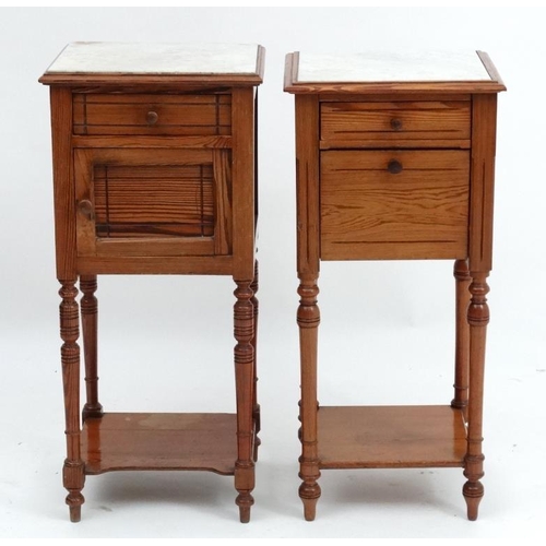 224 - A pair of early 20thC matched Continental marble topped pine bedside tables approx 34'' high x 15 3/... 