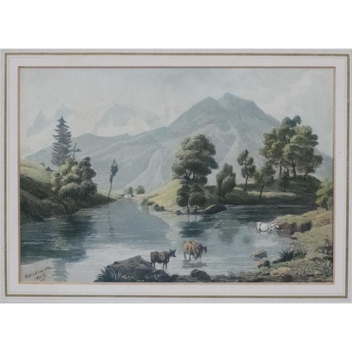 23 - Alfred Vickers Jnr (1853-1907), Watercolour, Mountainous river landscape with cattle watering, Signe... 