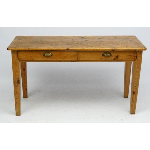 231 - A Victorian stripped pine 2-drawer kitchen / side table 54'' wide x 23 1/2'' deep x 29'' high