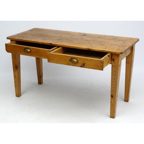 231 - A Victorian stripped pine 2-drawer kitchen / side table 54'' wide x 23 1/2'' deep x 29'' high