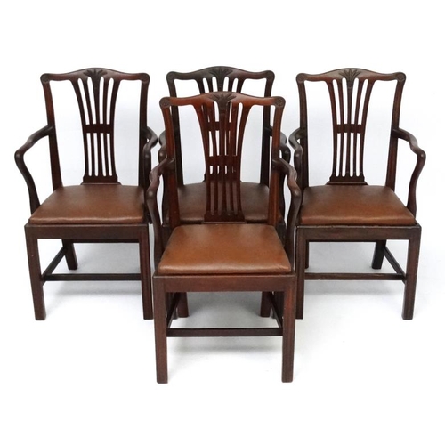 239 - A set of 4 18thC style mahogany dining chairs with carved wheat sheaf and rosette decoration and ope... 