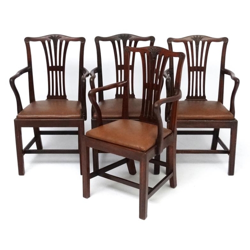 239 - A set of 4 18thC style mahogany dining chairs with carved wheat sheaf and rosette decoration and ope... 