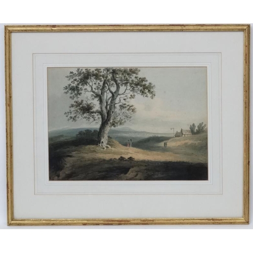 24 - Early English School , c.1800, Watercolour , Oak Tree and figures in a rolling landscape, 10 1/2 x 1... 