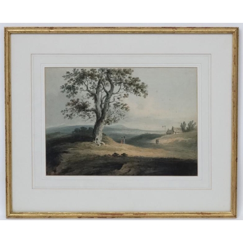 24 - Early English School , c.1800, Watercolour , Oak Tree and figures in a rolling landscape, 10 1/2 x 1... 