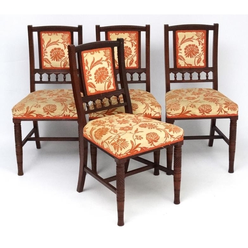 241 - Aesthetic Movement : A set of  4 late 19thC overstuffed walnut dining chairs 33 1/2'' high