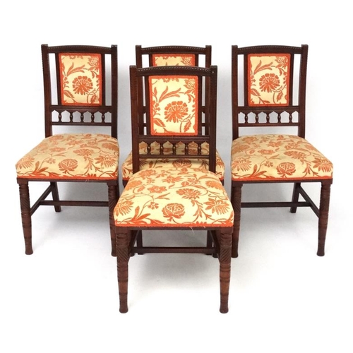 241 - Aesthetic Movement : A set of  4 late 19thC overstuffed walnut dining chairs 33 1/2'' high