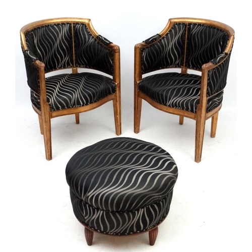 244 - Art Deco :  a pair of C. 1930 French gilded wooden Salon chairs together with a similar circular foo... 