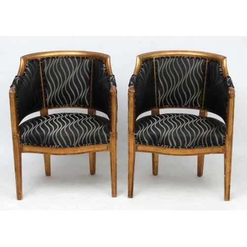 244 - Art Deco :  a pair of C. 1930 French gilded wooden Salon chairs together with a similar circular foo... 