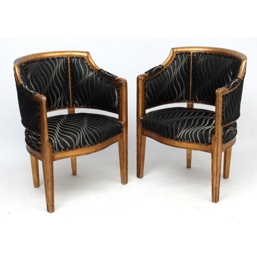 244 - Art Deco :  a pair of C. 1930 French gilded wooden Salon chairs together with a similar circular foo... 