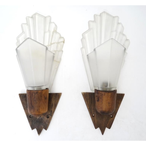 248 - A pair of frosted glass Art Deco wall lights with oak bases approx 16'' high