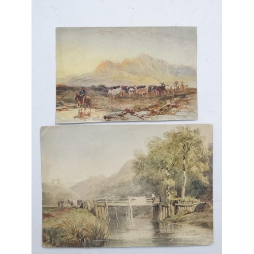 25 - Attributed to David Cox Junior, Two watercolours, Cowherder with cattle and Cattle near a wooden bri... 