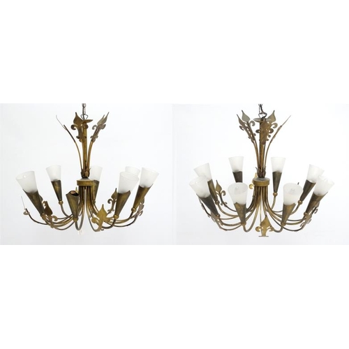 254 - A pair of 8-branch electroiliers with fleur de lys style decoration. each approx 27'' wide x 21'' de... 