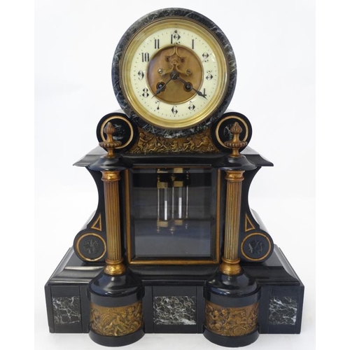 256 - Japy Freres & Co Marble Mantel Clock : a classical marble and slate  Drum Clock , 8 day movement , o... 