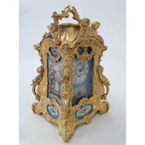 258 - Rococo Revival Ormolu Repeater Alarm Carriage Clock : a painted and gilded porcelain panelled ( in t... 