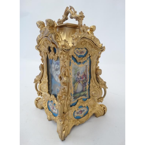 258 - Rococo Revival Ormolu Repeater Alarm Carriage Clock : a painted and gilded porcelain panelled ( in t... 